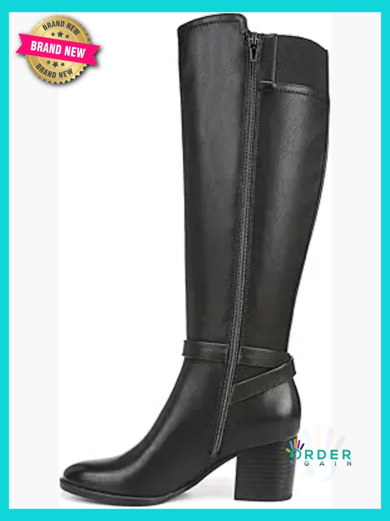 Knee High Block Heel Boots Side Zip Comfort Memory Foam Buckle Detail